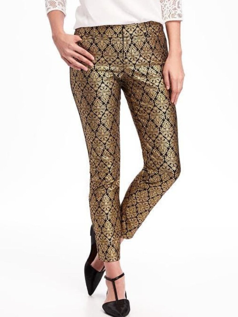 Old Navy Pixie Pants Size 18 Black Gold Metallic Scroll Stretch Evening Party